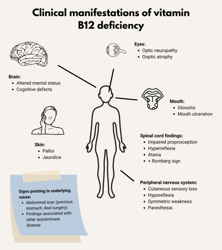 What are the physical findings associated with vitamin B12 deficiency